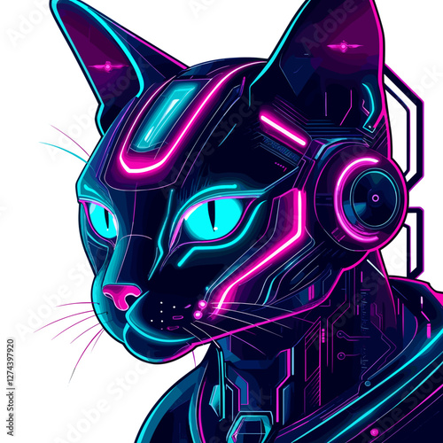 Futuristic cybernetic cat design with glowing accents, digital illustration, vibrant and sleek, copy space