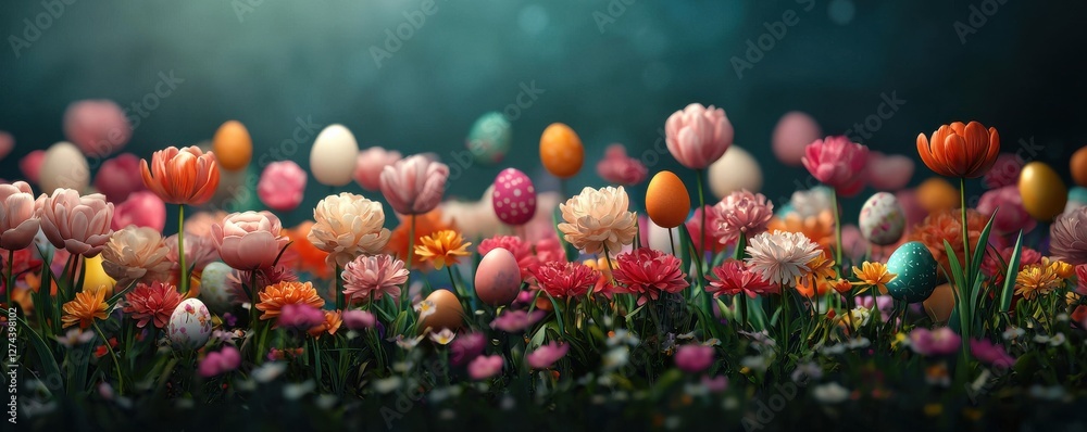 Obraz premium Easter celebration tranquil garden morning event colorful eggs serene environment festival concept