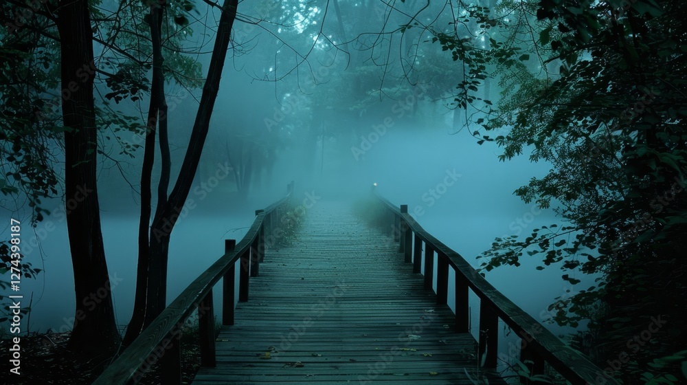 Fototapeta premium A charming wooden bridge over a luminous river in a mysterious dark forest setting