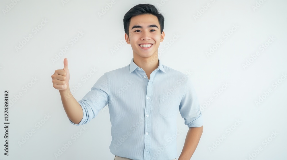 Young man smiling with thumbs up gesture in professional attire on neutral background, expressing positivity and confidence for business and lifestyle concepts. Young man smiling with thumbs up gesture in professional attire on neutral background, expressing positivity and confidence for business and lifestyle concepts.