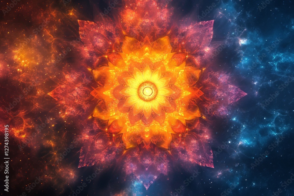 Obraz premium Fiery floral fractal in vibrant colors against a cosmic background.