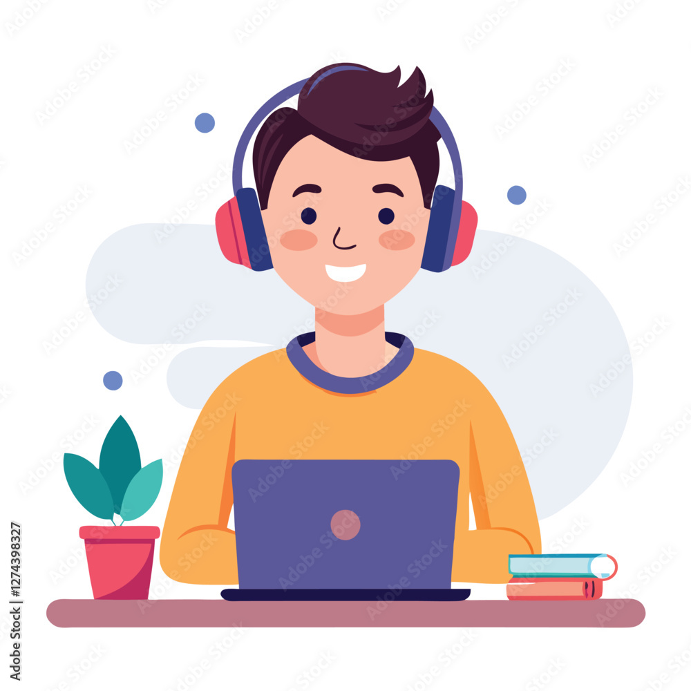 man in headphones, studying at laptop. Happy female student watching business webinar. Video conference call, remote work communication. Flat vector illustration isolated on white background man in headphones, studying at laptop. Happy female student watching business webinar. Video conference call, remote work communication. Flat vector illustration isolated on white background
