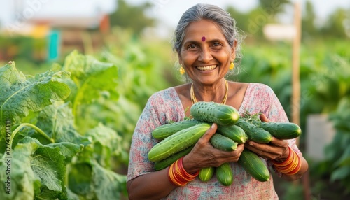 Joyful Senior Female Farmer Holding Fresh Cucumbers In Farm, Smiling Happily. Sri Lankan Elderly Woman Displaying Vegetables In Garden. Agriculture And Horticulture.