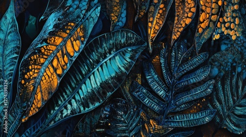 Abstract Teal And Gold Tropical Leaf Artwork