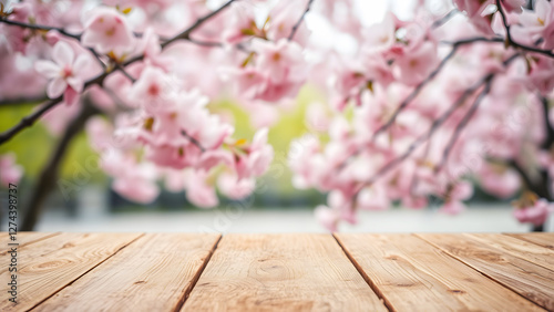 Wooden table with cherry blossom tree in the background, symbolizing natural beauty, springtime, and outdoor settings for product display photo