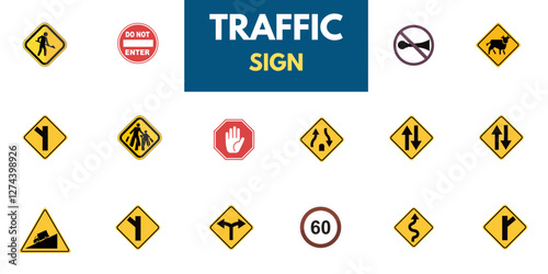 Set of road signs and traffic light vectors. Traffic signs collection. Signs of danger, mandatory, obligations, animal crossing, and alerts. Supplementary and routing table. Temporary traffic signs.