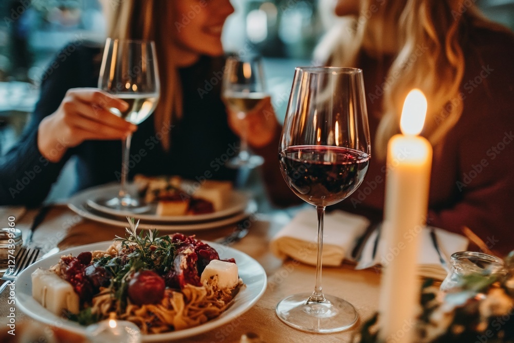 Women enjoying dinner and wine in a cozy restaurant setting Women enjoying dinner and wine in a cozy restaurant setting