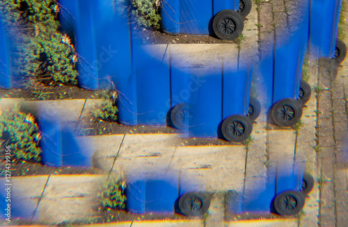 blue trash can through a prism