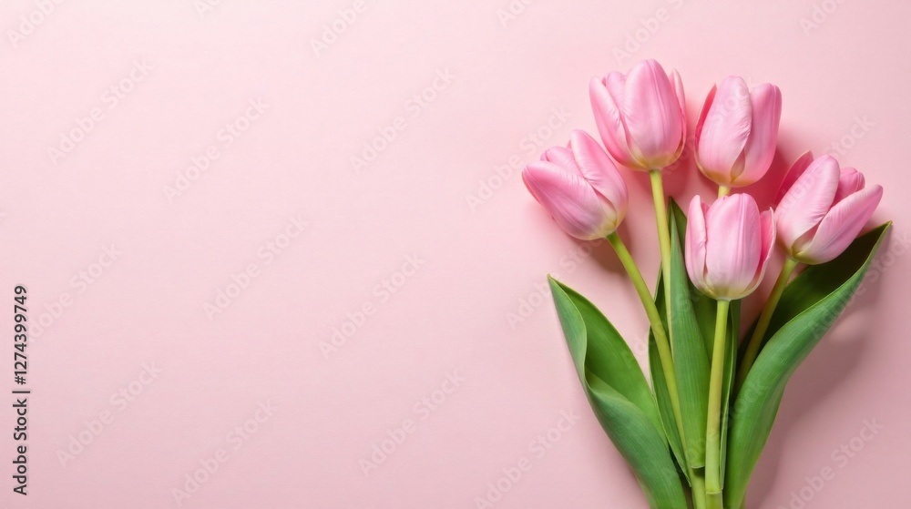 A Delicate Bouquet of Pink Tulips on a Soft Pink Background, Perfect for Springtime Celebrations and Greeting Cards A Delicate Bouquet of Pink Tulips on a Soft Pink Background, Perfect for Springtime Celebrations and Greeting Cards