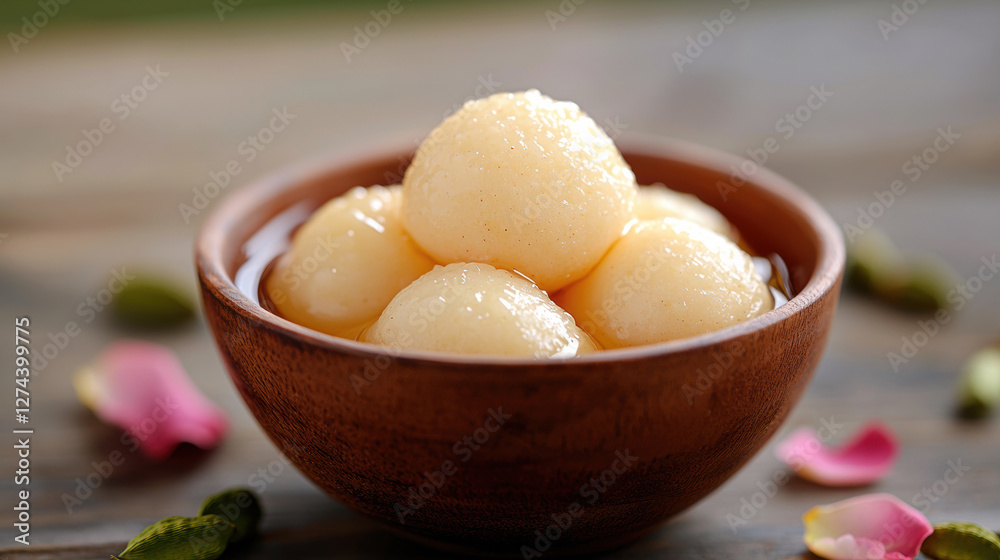 Fresh Rasgulla in a Decorative Bowl, Highlighting Its Glossy Texture, Indian dessert Fresh Rasgulla in a Decorative Bowl, Highlighting Its Glossy Texture, Indian dessert