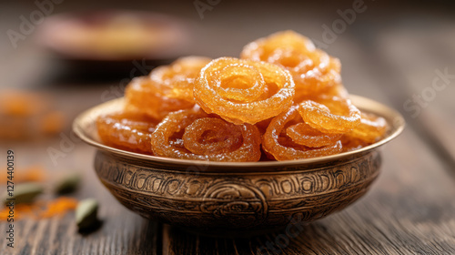 Freshly Fried Jalebi with Glossy Syrup and Warm Lighting, Indian Sweet Delight photo