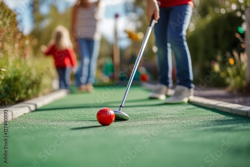 Family mini golf game with children on sunny day