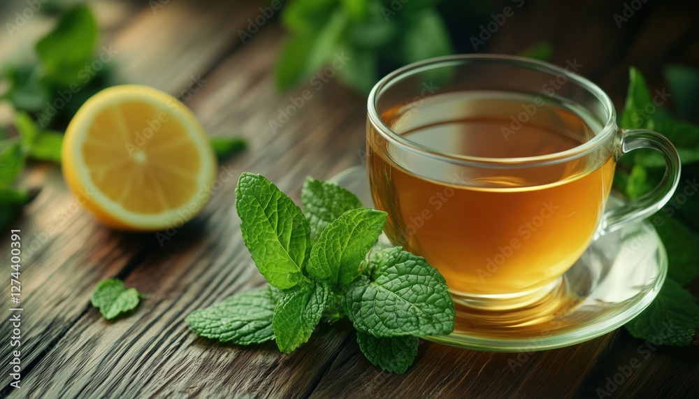 Closeup Of A Refreshing Mint Tea In A Cup With Lemon Slice And Fresh Leaves On Wooden Table, Perfect For Relaxing Moments. Closeup Of A Refreshing Mint Tea In A Cup With Lemon Slice And Fresh Leaves On Wooden Table, Perfect For Relaxing Moments.