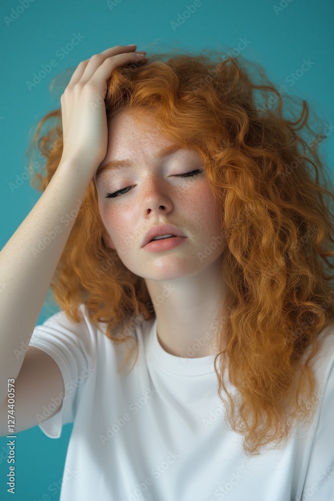 Close-up of a serene red-haired woman with closed eyes and freckles, wearing a white t-shirt with a teal backdrop. Close-up of a serene red-haired woman with closed eyes and freckles, wearing a white t-shirt with a teal backdrop.