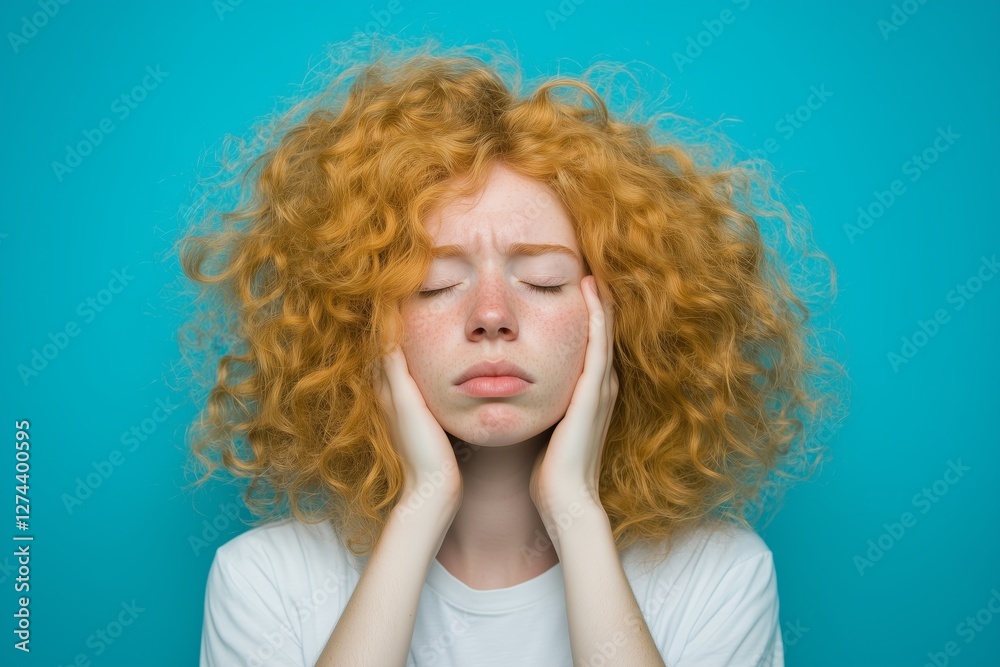 Naklejka premium A frustrated young woman with curly red hair presses her face in her hands, expressing stress or overwhelmed feelings.