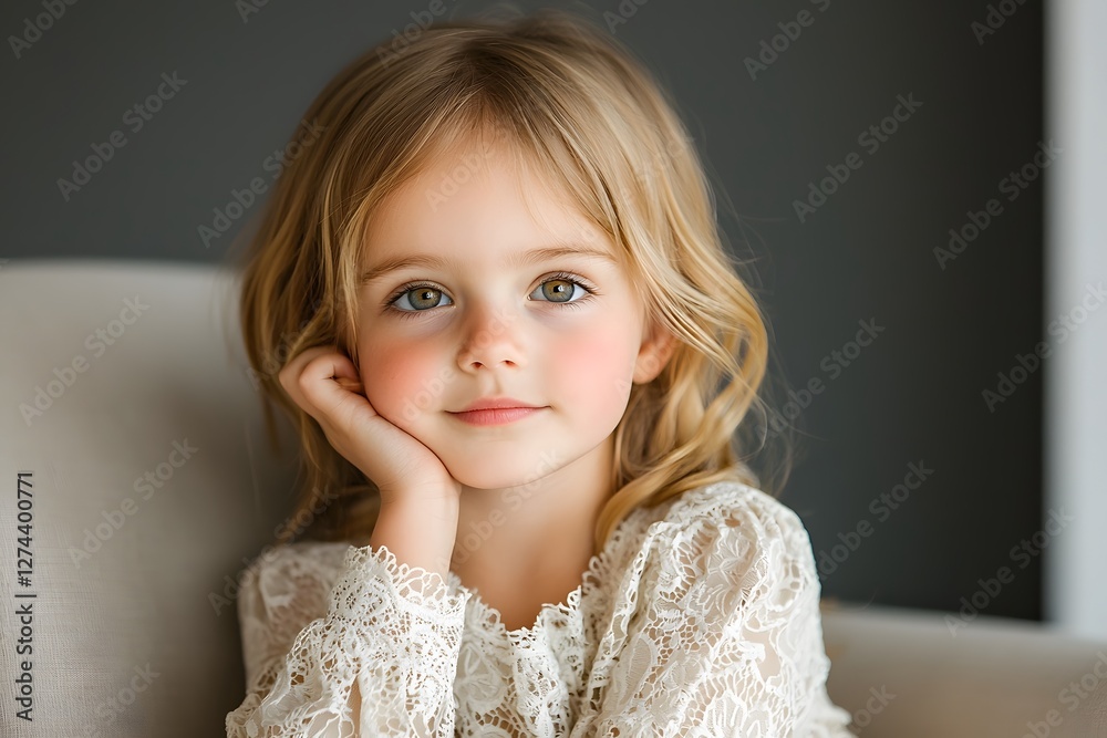 Pensive Child in Lace-Trimmed Easter Dress, Serene Portrait with Soft Lighting and Muted Colors Pensive Child in Lace-Trimmed Easter Dress, Serene Portrait with Soft Lighting and Muted Colors