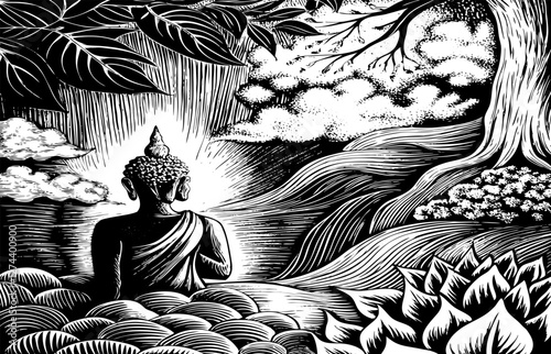 abstract illustration beground vasek day budha tree mountain cloud flower water