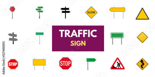 Set of road signs and traffic light vectors. Traffic signs collection. Signs of danger, mandatory, obligations, animal crossing, and alerts. Supplementary and routing table. Temporary traffic signs.