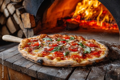 Wallpaper Mural Wood-fired vegetable pizza with fresh basil and tomato in rustic oven setting Torontodigital.ca