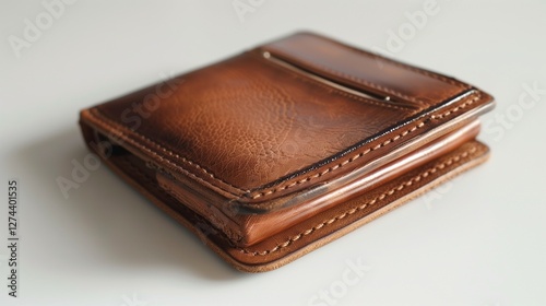 A high-end leather wallet with refined stitching and a smooth texture, resting on a white surface.
