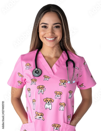 Smiling veterinarian wearing a pink scrub with dog prints and a stethoscope on transparent background

