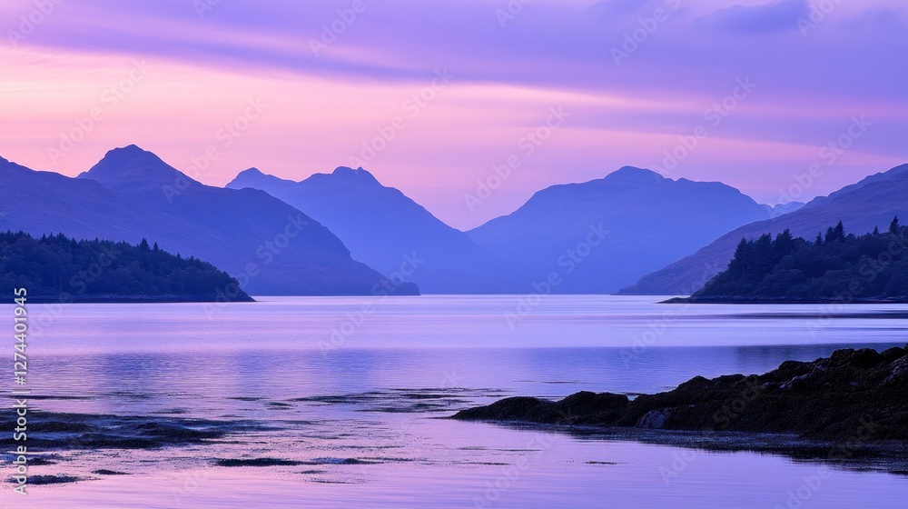 Serene Sunset Over Purple Mountains and Calm Water Serene Sunset Over Purple Mountains and Calm Water