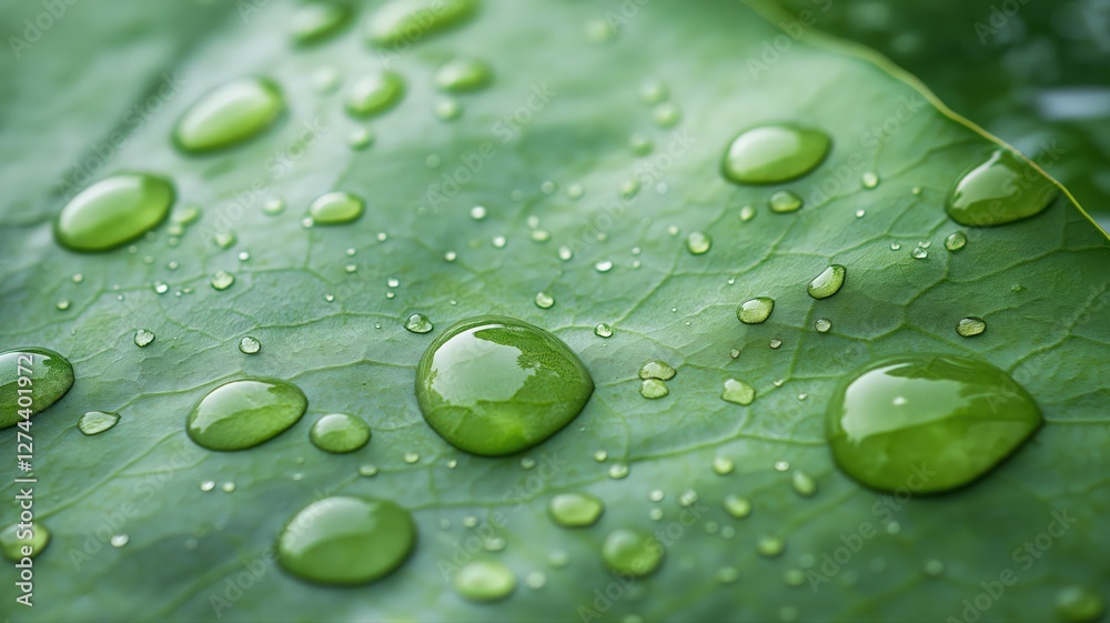 Fototapeta premium Water Droplets on Lush Green Leaf Macro Photography