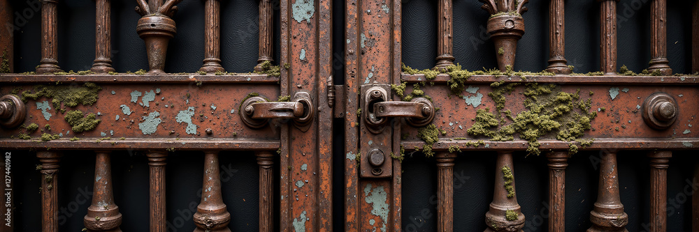 Rusty iron gate with peeling paint and moss growth.
Rusty iron gate with peeling paint and moss growth.