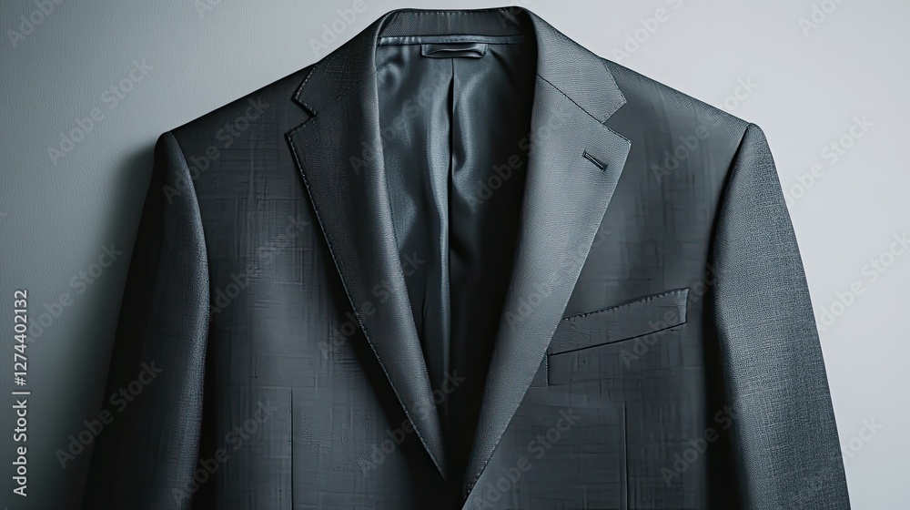 A luxury mena??s suit jacket in charcoal gray, hung against a light gray backdrop, with precise stitching and buttons shown in detail A luxury mena??s suit jacket in charcoal gray, hung against a light gray backdrop, with precise stitching and buttons shown in detail