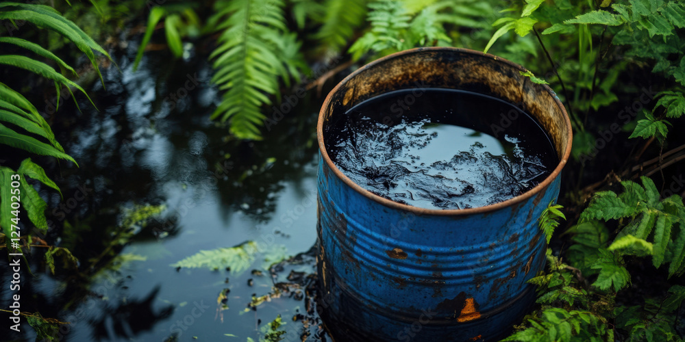A rusted blue barrel filled with dark liquid sits among vibrant greenery, capturing the contrast between decay and nature's vitality
