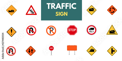 Set of road signs and traffic light vectors. Traffic signs collection. Signs of danger, mandatory, obligations, animal crossing, and alerts. Supplementary and routing table. Temporary traffic signs.
