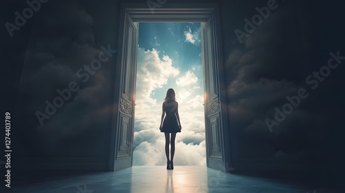 Woman Standing in Doorway Leading to Cloudy Sky, Concept of Limitless Potential