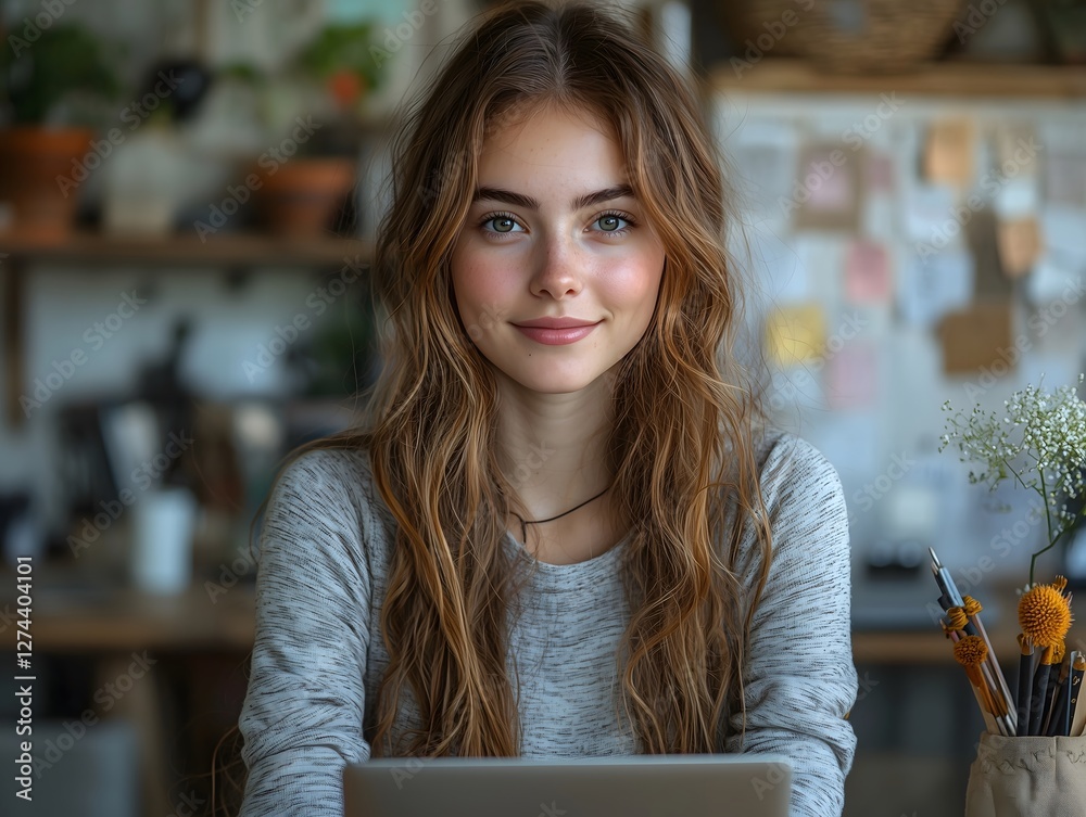 Fototapeta premium Young entrepreneur woman smiling and working with laptop in her studio