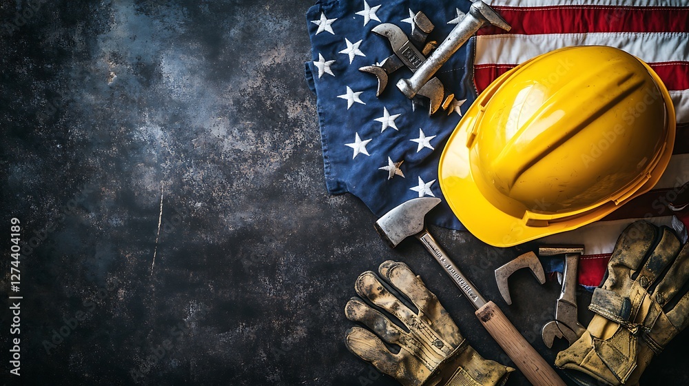 A top-down view of construction tools, a US flag, and a hard hat laid out on a dark, textured surface, copy space A top-down view of construction tools, a US flag, and a hard hat laid out on a dark, textured surface, copy space