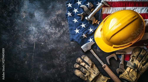 A top-down view of construction tools, a US flag, and a hard hat laid out on a dark, textured surface, copy space