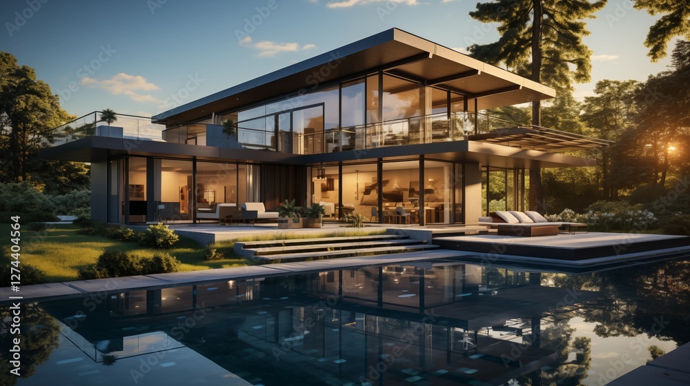 Obraz premium Modern luxury villa reflecting in tranquil swimming pool at sunset