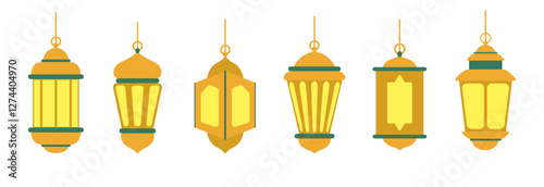 Ramadan lantern vector design set, Islamic art Style Background. Symbols of Ramadan Mubarak, Hanging Gold Lanterns, arabic lamps, lanterns art vector illustration design collection