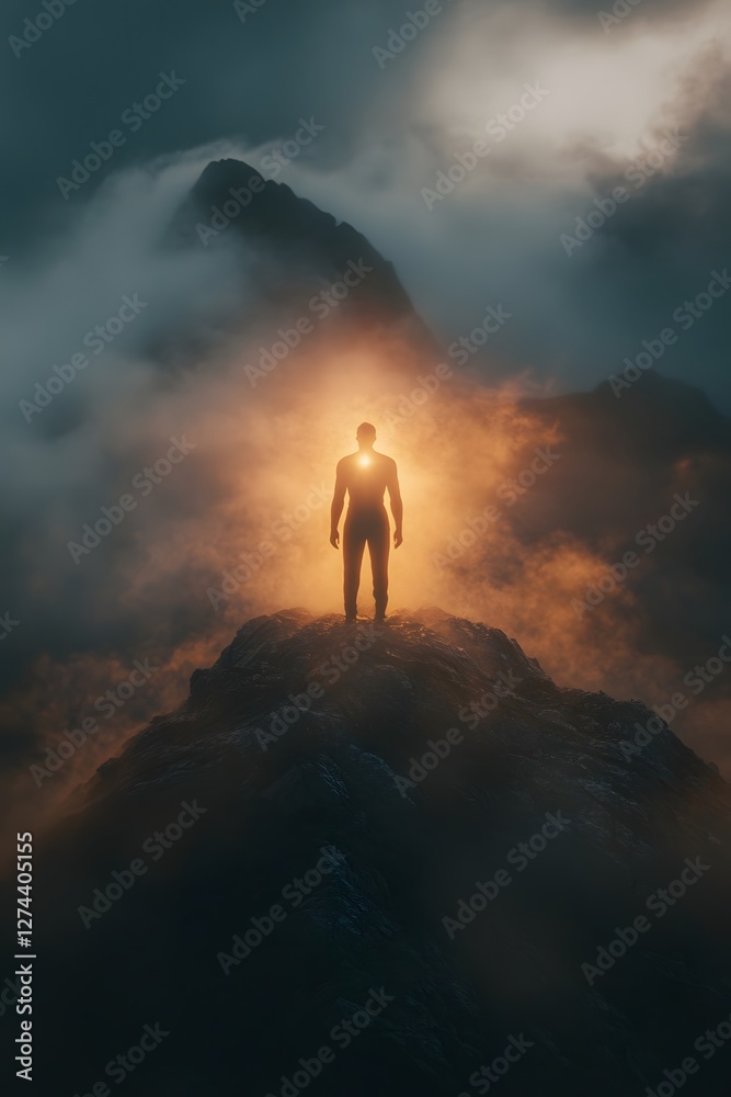 Man Radiating Light Stands Atop a Dramatic Mountain Landscape, Symbolizing Enlightenment and Man Radiating Light Stands Atop a Dramatic Mountain Landscape, Symbolizing Enlightenment and