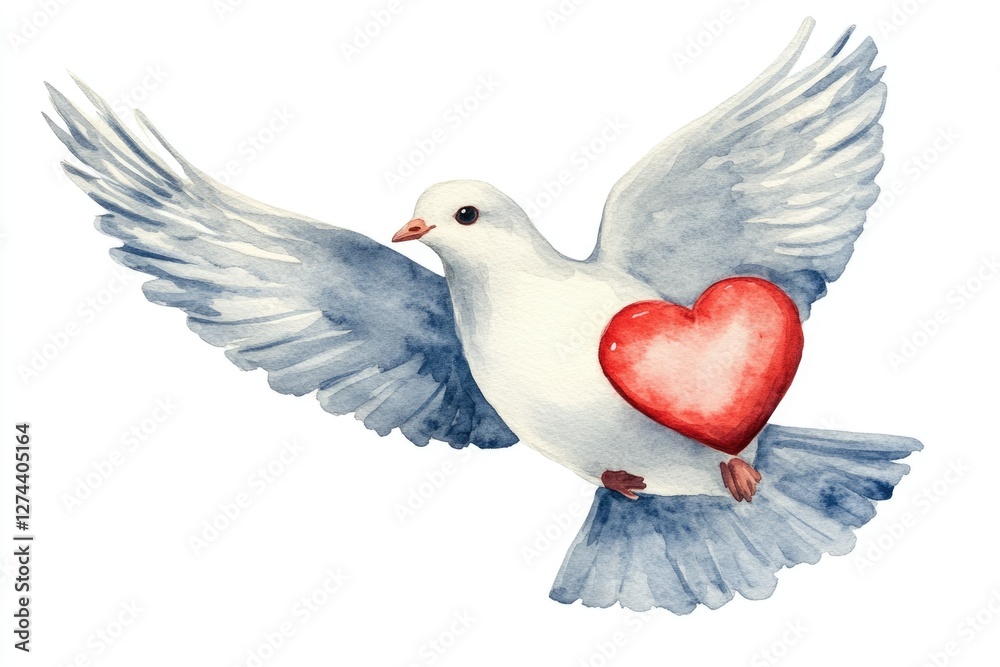 Obraz premium Whimsical Hand-Drawn Watercolor Dove Carrying a Heart, Perfect for Valentine's Day Celebrations