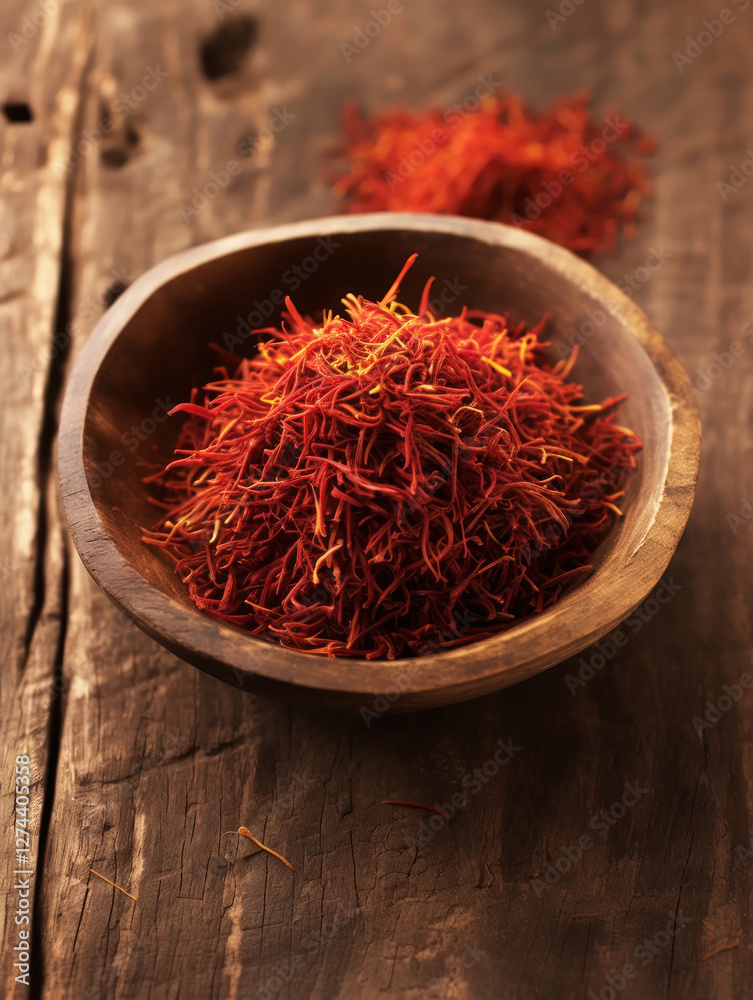 Fototapeta premium spice - saffron, which is presented in the form of red longing threads in a wooden bowl. 