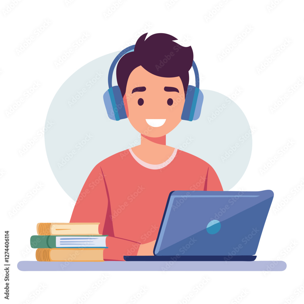 man in headphones, studying at laptop. Happy female student watching business webinar. Video conference call, remote work communication. Flat vector illustration isolated on white background man in headphones, studying at laptop. Happy female student watching business webinar. Video conference call, remote work communication. Flat vector illustration isolated on white background