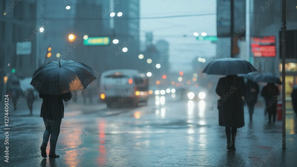 Fototapeta premium Rainy City Street at Night People with Umbrellas and Blurred Lights