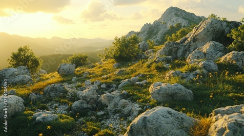 Fototapeta Naklejka Na Ścianę i Meble -  Breathtaking sunset panorama of rocky and green alpine mountains near a slavic village in poland