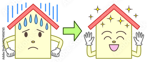 house character is happy that its leaking roof has been repaired