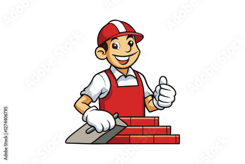 A cartoon of a bricklayer in a red shirt and white gloves vector art illustration.eps