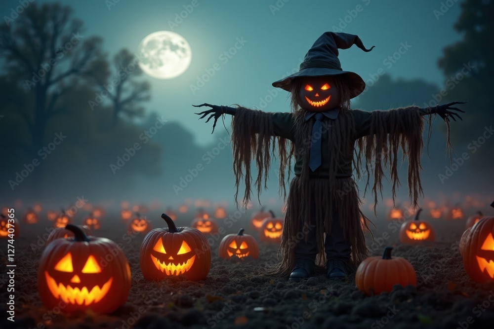 Fototapeta premium A creepy scarecrow stands in a foggy pumpkin patch, surrounded by glowing jack-o'-lanterns and mist. The harvest moon hangs low in the sky, casting a ghostly light