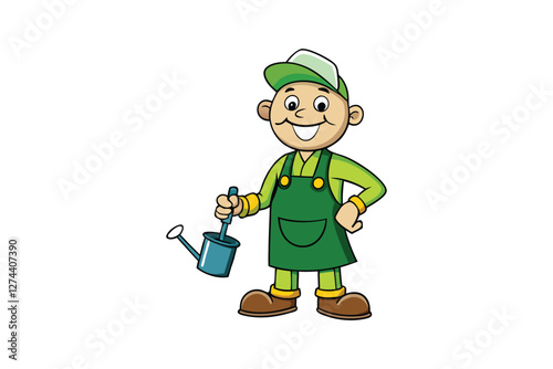 A cartoon of a gardener wearing a green apron and holding a watering can vector art illustration.eps