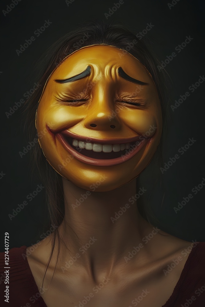 Emotionally Conflicted Woman Wears Laughing Mask Behind Hidden Tears Emotionally Conflicted Woman Wears Laughing Mask Behind Hidden Tears