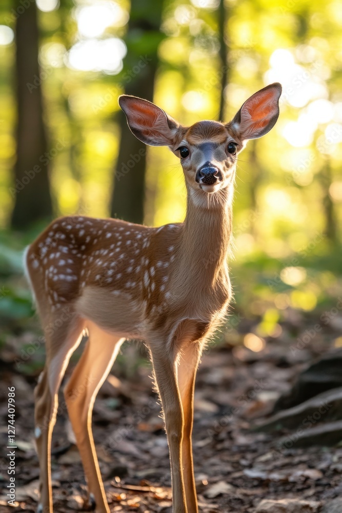 Adorable fawn standing in a sunlit forest glade with soft light dappling through the trees creating a serene and peaceful scene Adorable fawn standing in a sunlit forest glade with soft light dappling through the trees creating a serene and peaceful scene