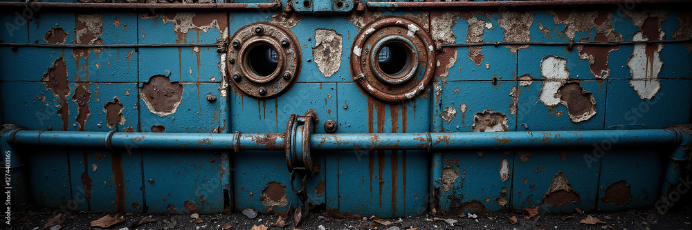 Rusted blue ship hull with portholes and peeling paint.
